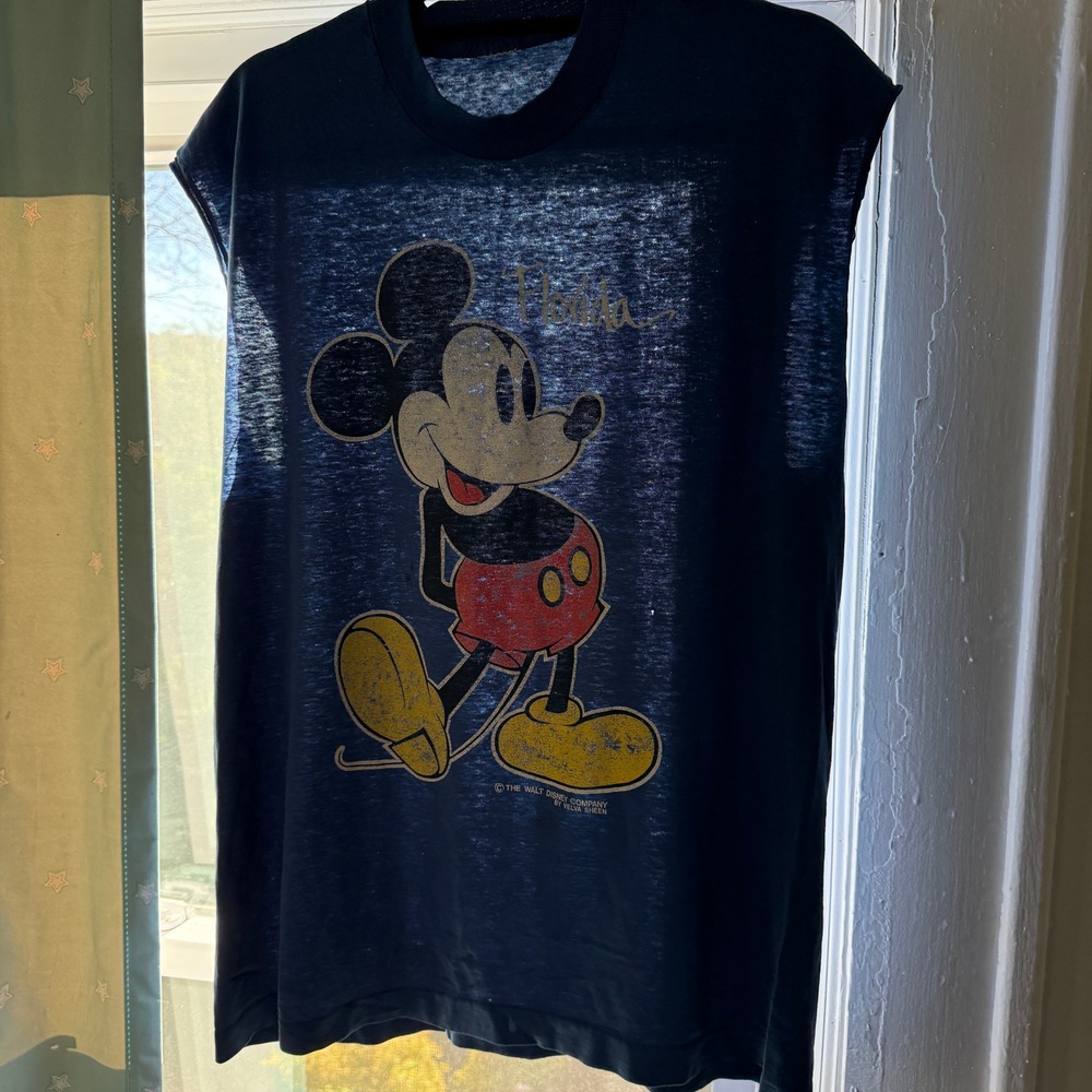 Vintage Velva Sheen Mickey Florida T-Shirt Single Stitch Thrashed‎ Blue L-XL